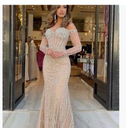 Champagne Beaded Tulle Mermaid Formal Gown NWT Size 16