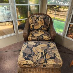 Arm Chair and Ottoman Reupholistered In A Heavy Fabric