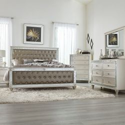 Brand New Champagne Queen Bedframe + Dresser + Mirror + Nightstand 4PCs Set