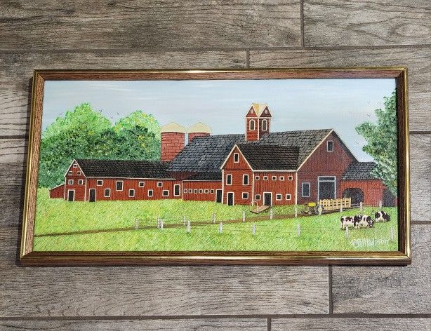 Original oil painting farmhouse barn cows