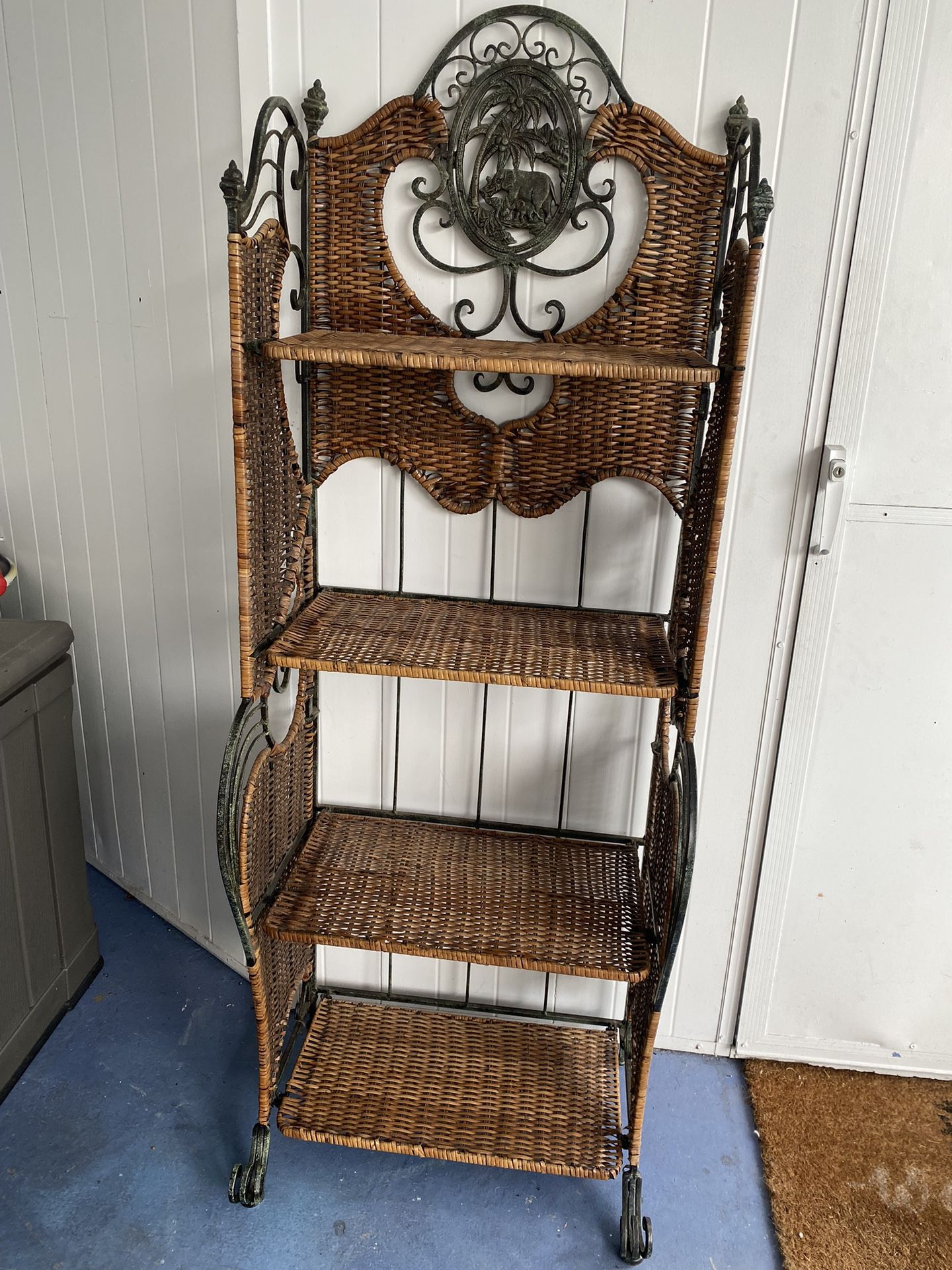 Deco Metal/Wicker Folding Four Shelf Bakers Rack 60” by 21 1/2” by 12”