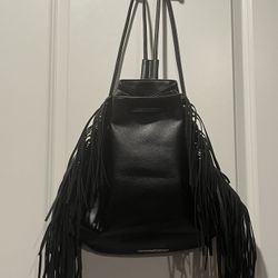 Victoria’s Secret Black Faux Leather Fringe Drawstring Backpack