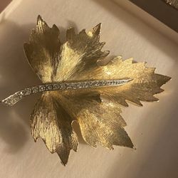 Textured Satin Finish Maple Leaf Brooch With Crystal