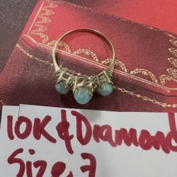 10K Solid Gold Wedding Ring INDIAN OPAL AND NATURAL DIAMONDS 💎 Size 7