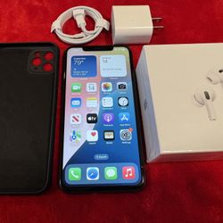 iPhone 11 PRO MAX, 256GB, Unlocked, OLED, Brand New AirPods Pro 2nd Generation, Charger, Case
