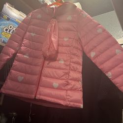 Amazon Essentials, Puffer Jacket, Pink Size XL With Storage Bag & rain boots Size 3