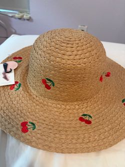 Wide Brim Straw Sun Hat with Cherry Embroidery