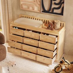 Extra Wide Solid Pine Wood 12-Drawer Changing Table Dresser – 59.9" Real Wood Nursery Dresser with Removable Topper - Wood