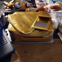 Vintage Estee Lauder Gold Soft Train Case W/Matching Mirror, Make Up Bag