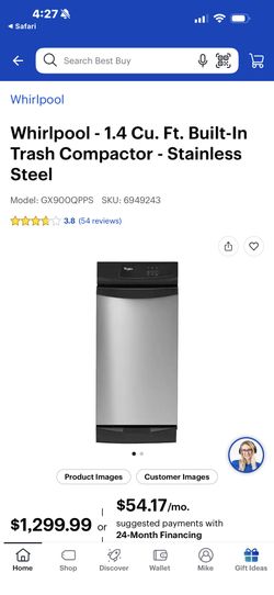 NEW WHIRLPOOL 15” TRASH COMPACTOR WITH A 3 YEAR EXTENDED WARRANTY FULLY TRANSFERABLE 11/29/25
