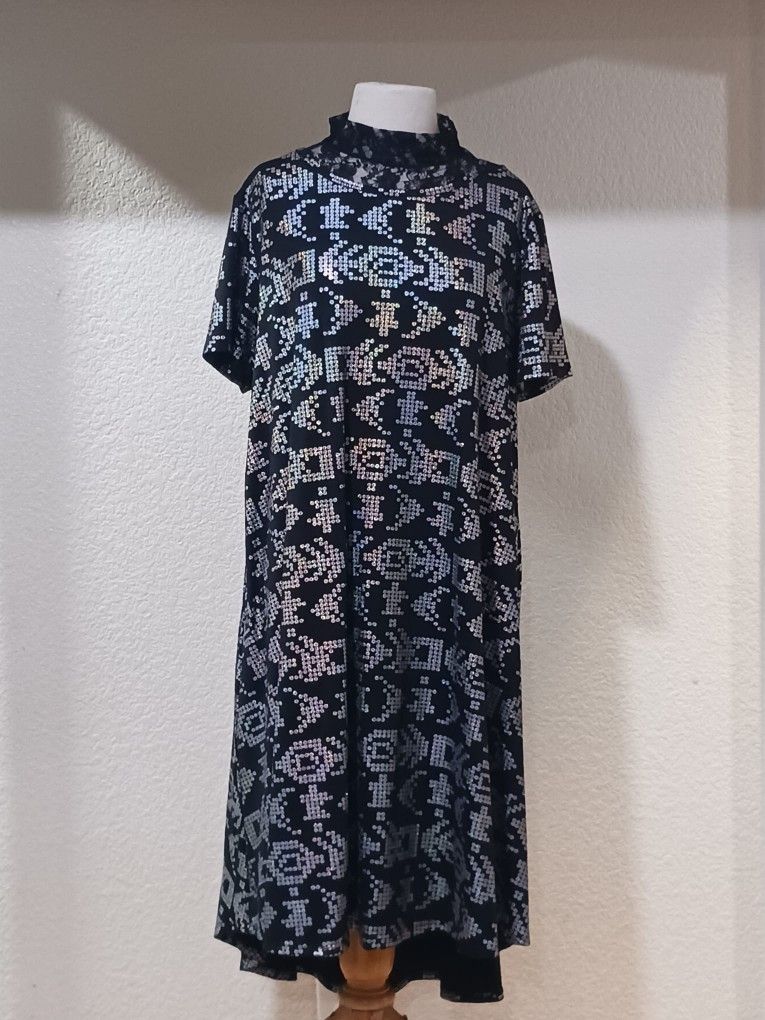 Gray Silver Pattern Black Dress 