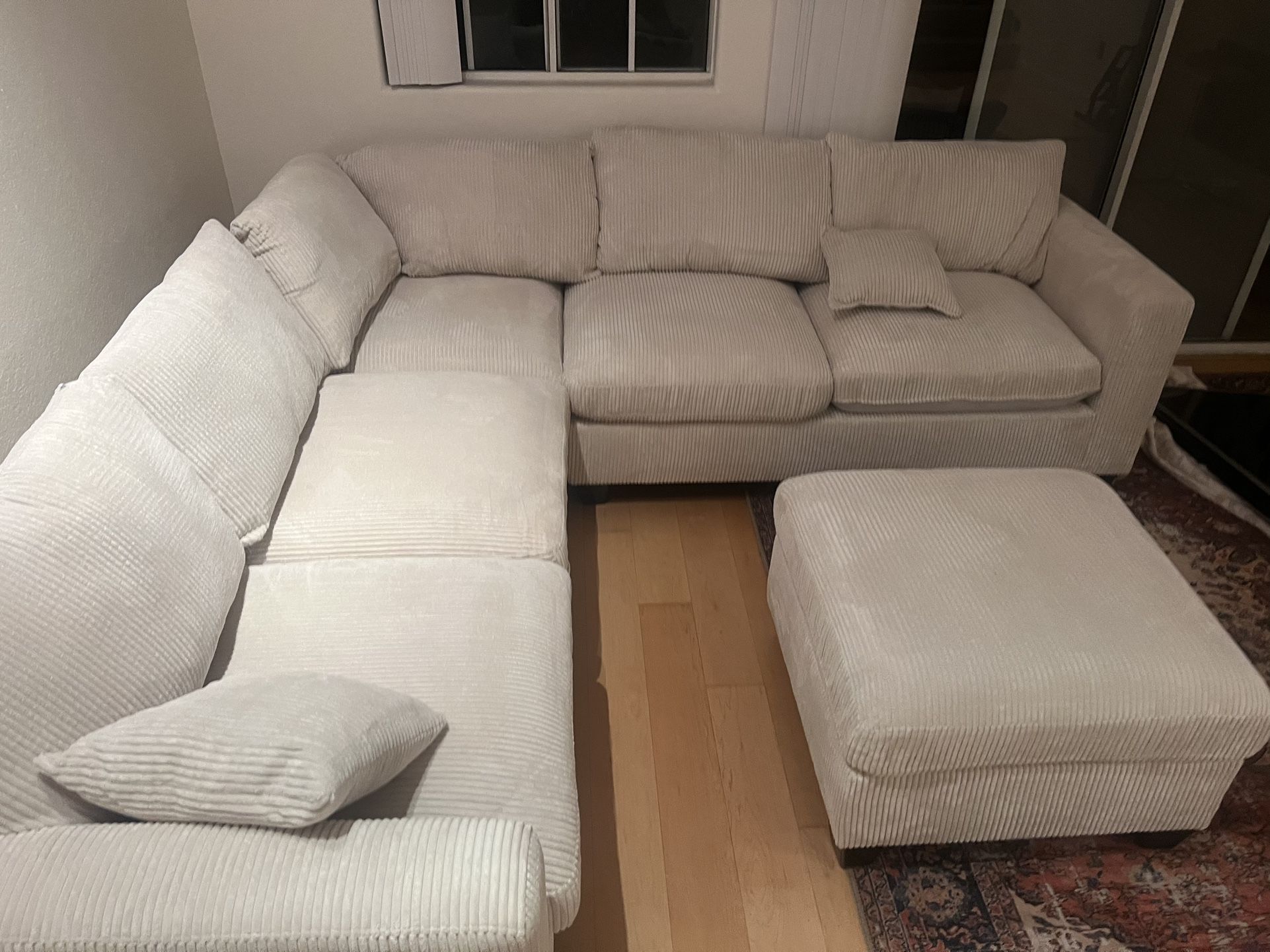 New Corduroy Fabric Sectional. Off White / Beige. 99” X 99”. Free Delivery!