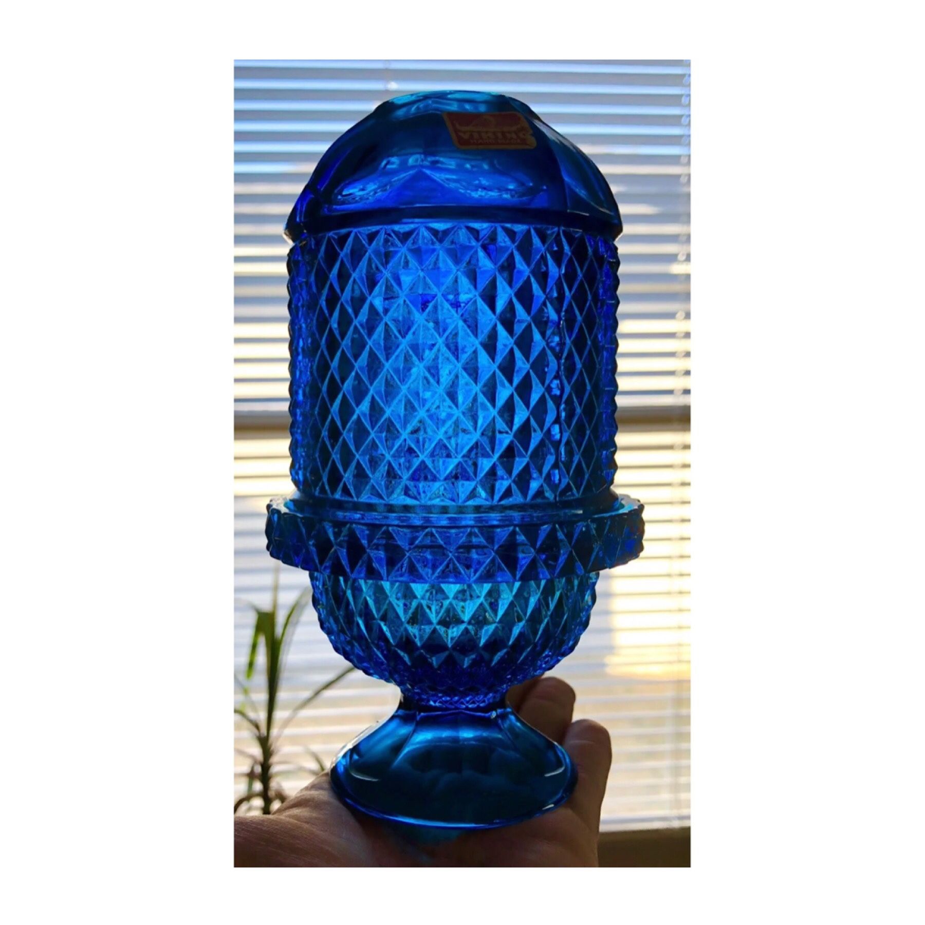 Vintage Viking glass diamond point Electric Blue Fairy Lamp MINT