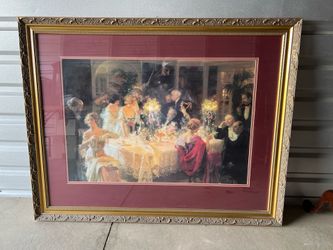 HUGE 48.5" Vintage Framed Art Print – Edwardian Garden Party / Wedding