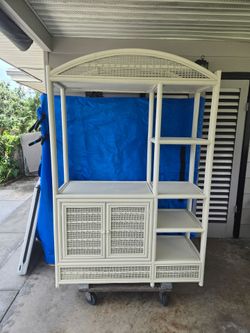 Vintage Off White Rattan and Wicker Entertainment Center Hutch