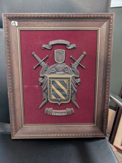 Vintage Ferrero Family Crest Heraldic Plaque Framed Medieval Shield Decor Art
