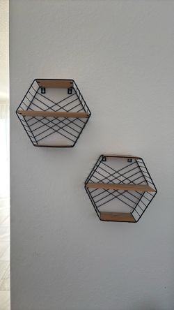 Modern Hexagon Wall Shelves – Set of 2 (Wood & Metal)