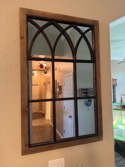 Rustic Wood and Metal Arch Window Mirror