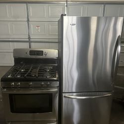 Amana bottom freezer refrigerator &. kenmore 5 burner gas range set stainless steel 
