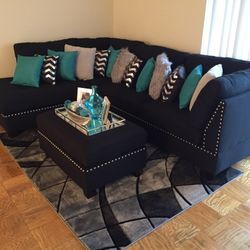 Brand New Black Linen Sectional Sofa +Ottoman (New In Box) 