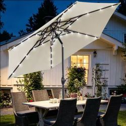 🔥new inbox🔥10ft Solar Patio Umbrella with Lights, 3-Tier Windproof Stable Frame, Spider-arm Structure with Steel Tilt and Crank-Beige