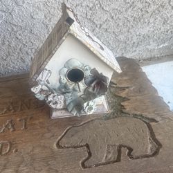 Adorable Metal Midcentury Bird House Decorated With Dragonfly And Flowers With Small Chain And Hook To Hang $10