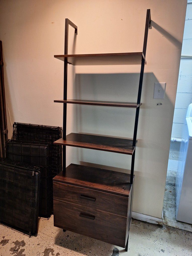 Industrial Ladder Shelf with 2 Drawers, 3-Tier Wall Mounted Bookcase Open Bookshelf, Wood Storage Rack with Metal Frame

