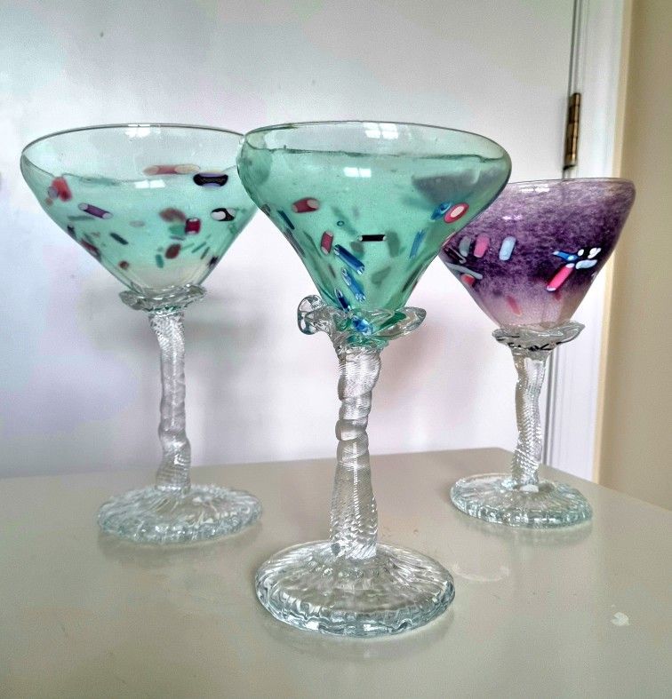 1970s vintage Leo Applebaum Hand Blown Art Glass Goblets – Signed Set of 3 Studio Glass Collectible