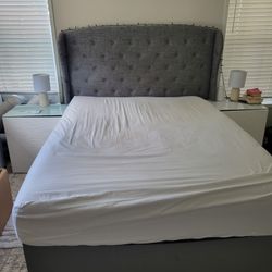 Gray Upholestered Wing Queen Bed Frame with Extra Storage Space