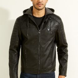 Guess Black Quilted Leather Bomber Jacket with Hood