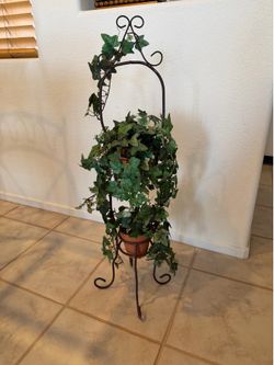 Ornate Wrought Iron Plant Stand with Realistic Ivy
