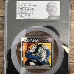 2023 Spain S50E, Pablo Picasso 50th Anniversary, Woman with Arms Raised, 135 Grams Pure Silver (.999 Fine), NGC PF70 Ultra Cameo (First 500)