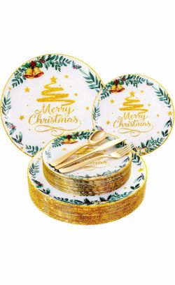 125PCS Christmas Plastic Plates Gold Tree for Xmas Party Decoration Vintage Gold Tree Theme, Disposable But Heavy - duty, 50 Plates and 75 Silverware