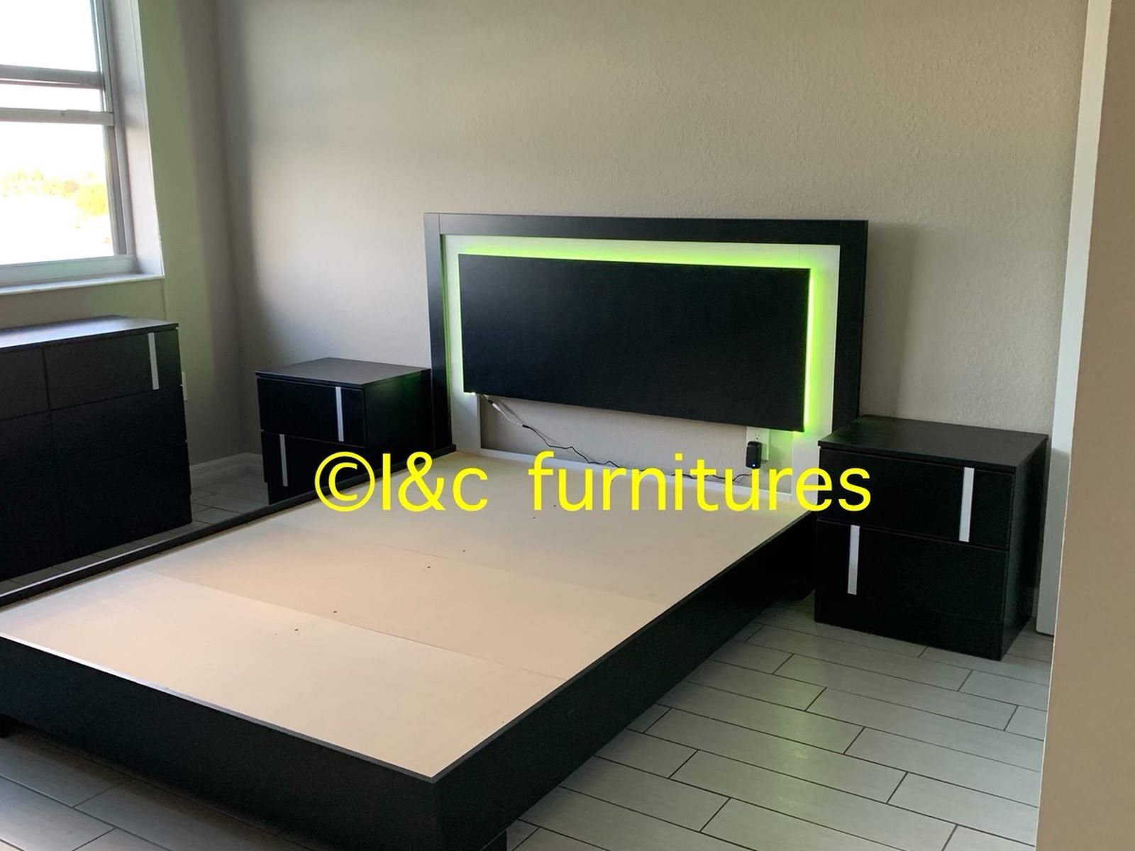 New 3 Piece Full Size Or Queen Bedroom Set Led Light Same Day Delivery. Bed Frame Night Stand And Dresser. Mattress Sold Separately And Available 