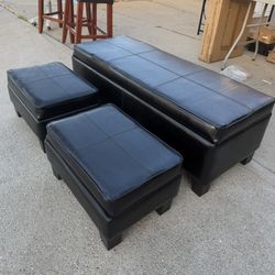 Black Faux Leather 3 Pc Storage Bench And Ottoman Set