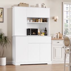 71'' Kitchen Pantry Cabinet with Hutch, Wood 6 Door Buffet Storage Cabinet with Drawers and Shelves, White