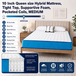 Queen size 10 Inch Hybrid Mattress, Tight Top, Supportive Foam, Pocketed Coils. MEDIUM