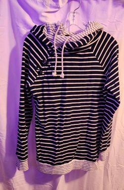 Black white striped hoodie with button detail. double hood. Size Large