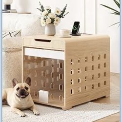 Modern Dog Crate Furniture with Charging Station Medium Kennel Indoor with Flip-up Hidden Acrylic Door for Small and Medium Breeds up to 50lb Wood Pet