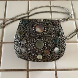 VINTAGE SAJAI METAL CROSSBODY PURSE SILVER W AGATE STONES
