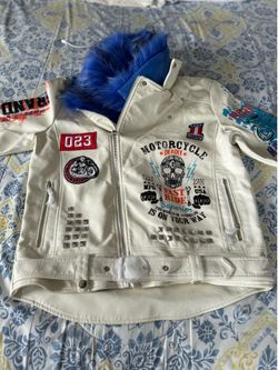 Copper Rivet Leather Motorcycle Jacket with Blue Fur Hood and Graphic Patches