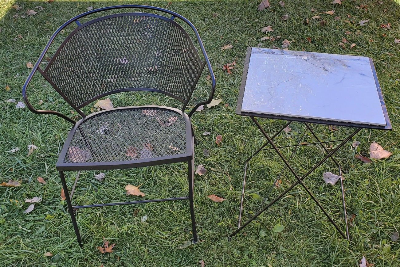 Wrought-Iron Woodard Chair with Folding Marble Top Table.