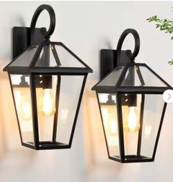 Modern 16.5 in. 1-Light Weathered Black Hardwired Outdoor Wall Light Lantern Porch Sconce with Clear Glass (2-Pack)