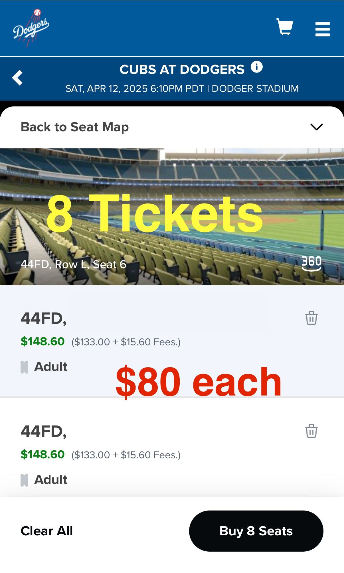 Sat April 12 Dodgers Vs Cubs Field Level