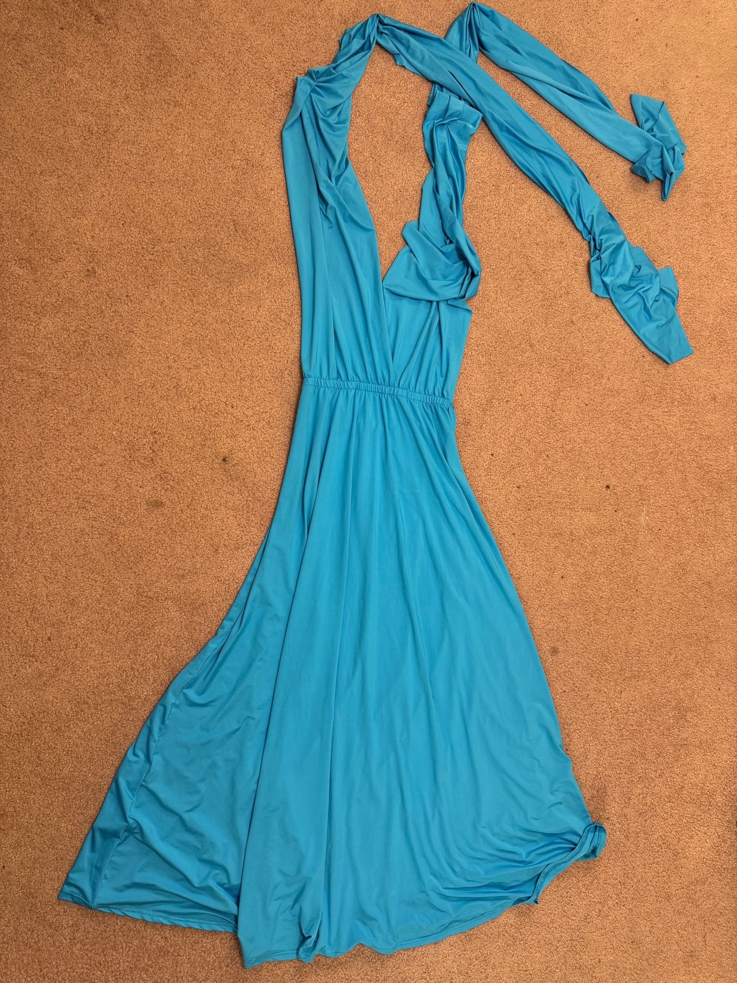 New large stretchy halter long Flowy dress teal blue