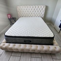 Queen Platform Bed Frame Beige Including Mattress Hybrid Pillow Top 