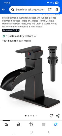 Brass Bathroom Waterfall Faucet, Oil Rubbed Bronze Bathroom Faucet 1 Hole or 3 Holes (4 Inch), Single Handle with Deck Plate, Pop-Up Drain & Water Hos