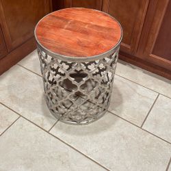 Round Aluminum Table With Wood Top.