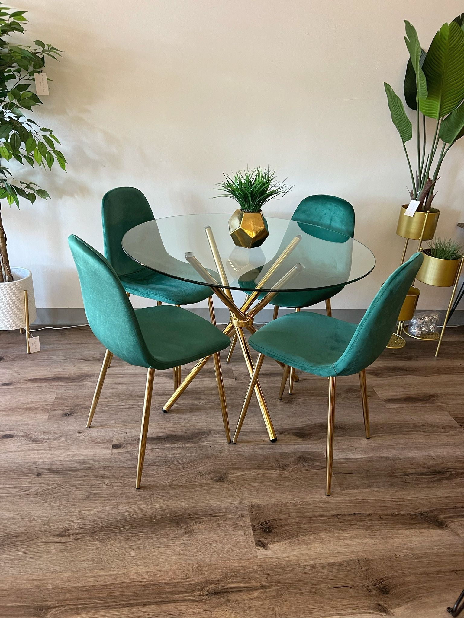 Emerald Green Gold Glass Dining Set With Velvet Chairs