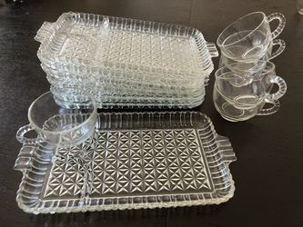 Vintage Hazel Atlas Glass Luncheon Tray w/ Handles and Cups